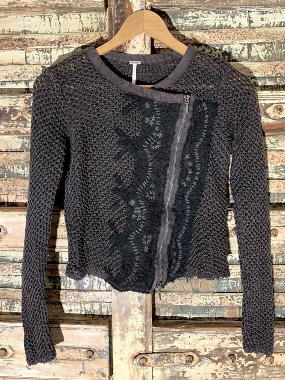 Free People Femme Fatal Moto Open Knit Zip Sweater Cardigan, Charcoal Combo, S - Picture 3 of 10